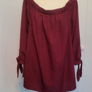 2x Off The Shoulder Blouse Burgundy Time to Bloom Tie Sleeves